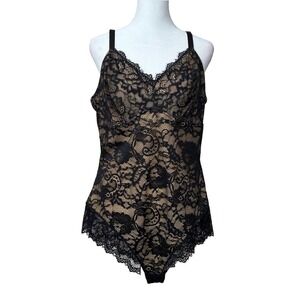 Pinsy Black Lace Shapewear Bodysuit Nude Mesh Lining Size 2X Floral Sculpting
